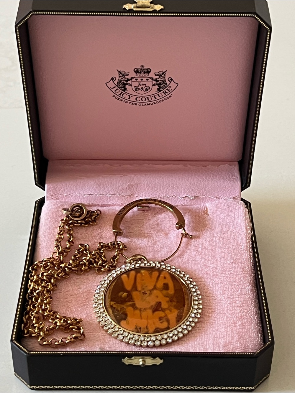 Juicy Couture "Viva La Juicy" Pink and Gold - Crystal Medallion Pendant Necklace